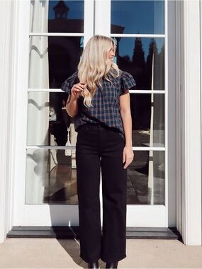 Plaid Ruffle Neck Short Sleeve Top - Navy & Green